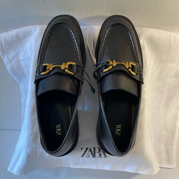Lug Sole Black Leather Loafers with gold metal detail - Picture 6 of 13